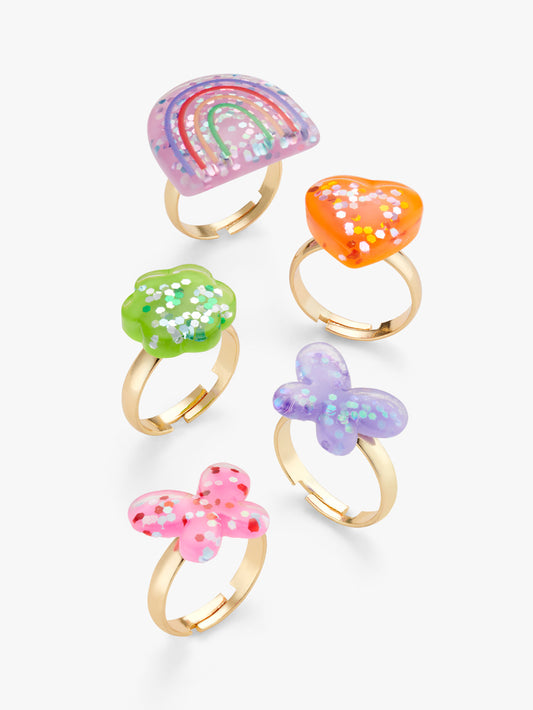 Small Stuff Accessories - Glitter ring set with butterflies, flower, heart and a rainbow in an array of colours.