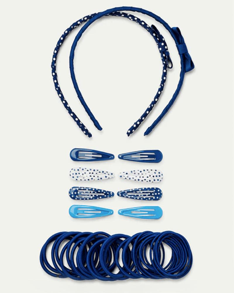 Navy girls 2 headbands, 8 patterned clips and navy hairbands school bundle