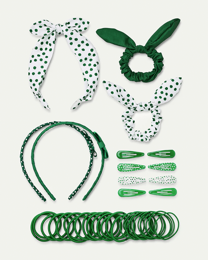 Green 3 pack headbands, 2 scrunchies, 8 patterned clips and hair bands school hair bundle
