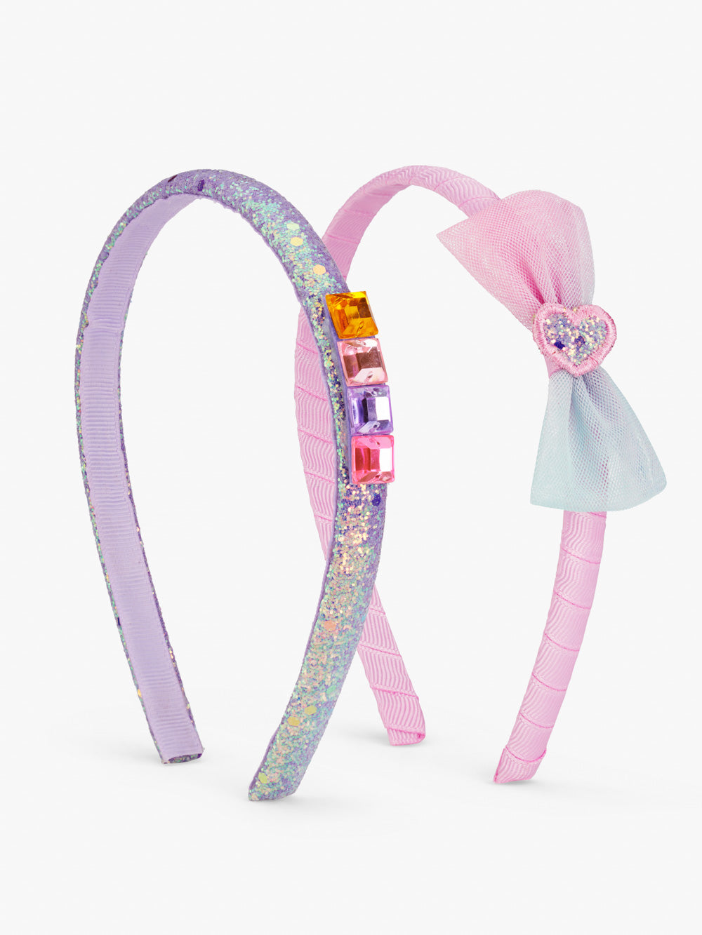 2 pack gem encrusted glitter headband and soft tulle bow with glittery heart detail grosgrain headband