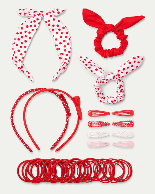 Red 3 pack headbands, 2 scrunchies, 8 patterned clips and hair bands school hair bundle