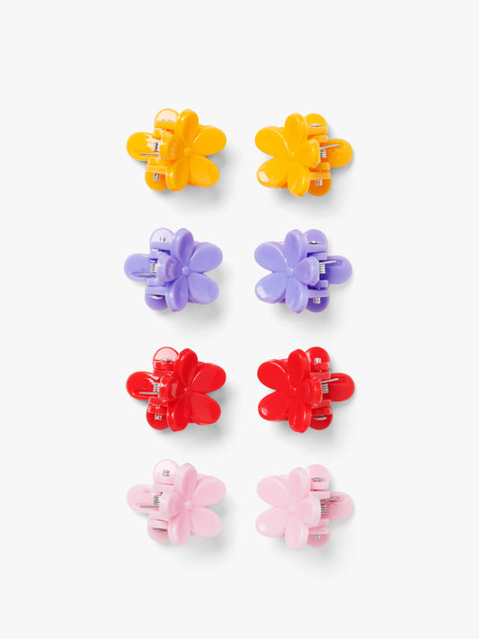 8 Pack, recycled plastic flower mini bulldog clips in rainbow colours