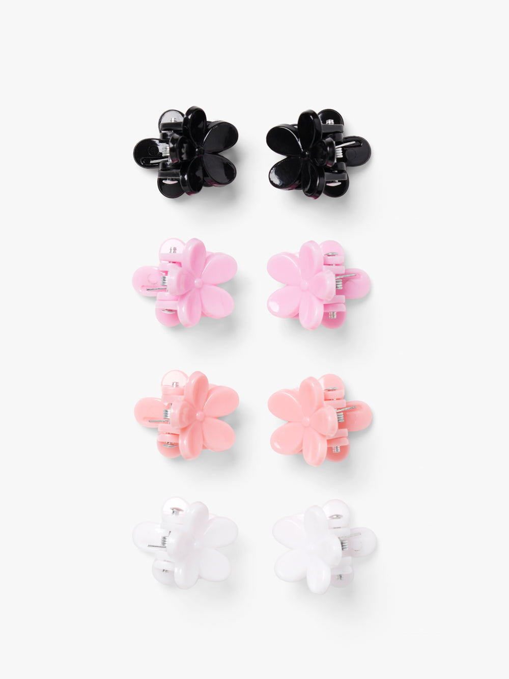 8 Pack, recycled plastic flower mini bulldog clips in black, pink and white