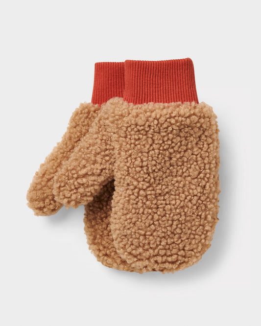 Brown borg mittens with contrasting cuff made from recycled materials. 
