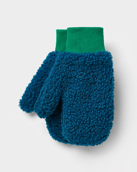 Blue borg mittens with contrasting green cuff made from recycled materials. 