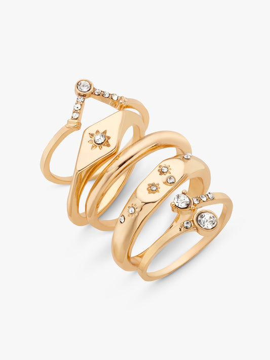 Pack of 5 pretty diamante detail rings in gold finish