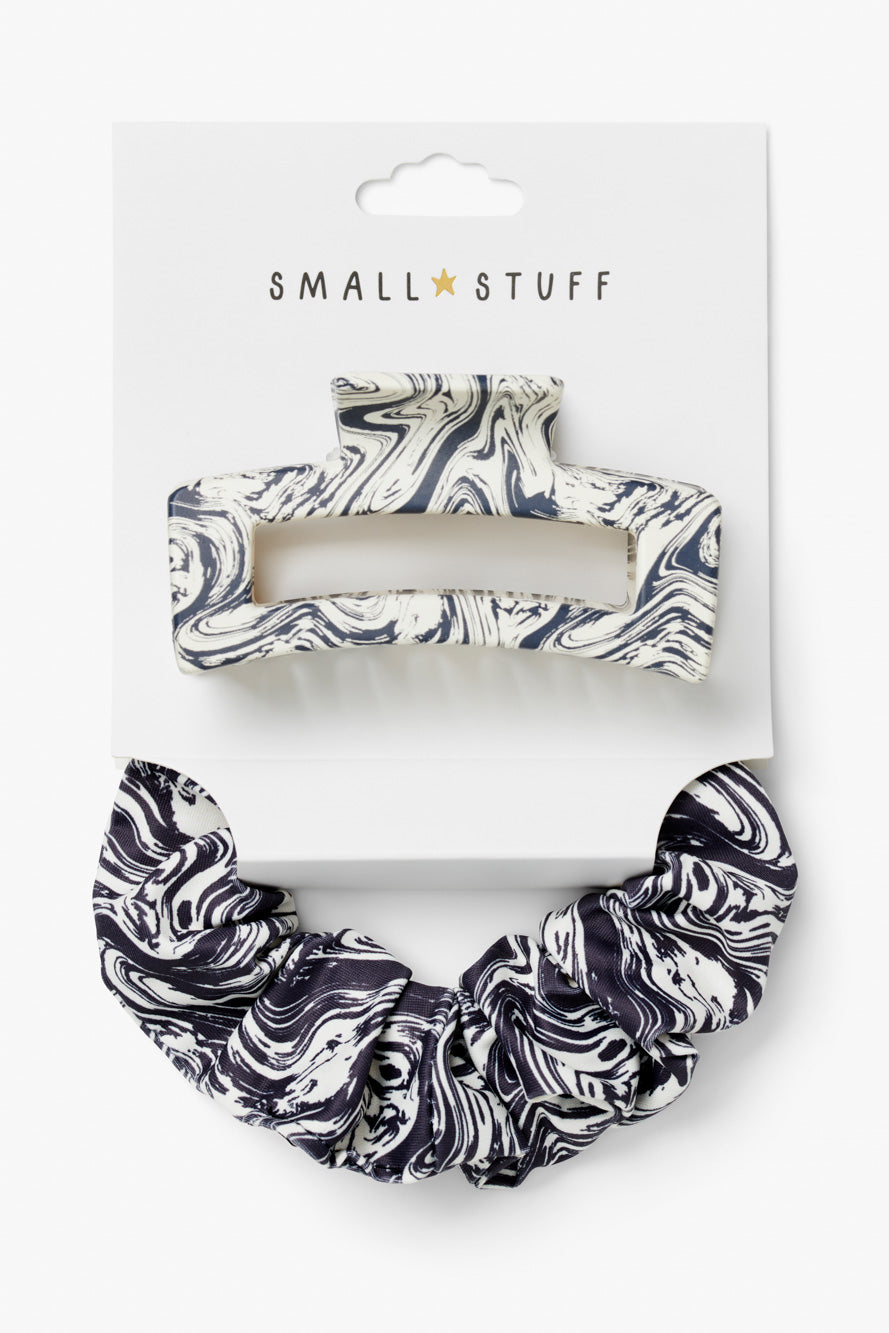 Small Stuff Accessories - Black marble effect bulldog clip and scrunchie set