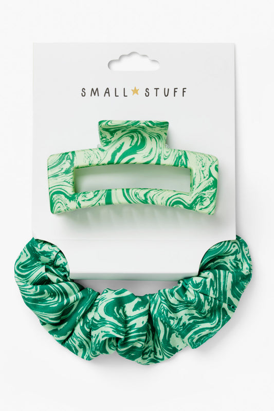 Small Stuff Accessories - Green marble effect bulldog clip and scrunchie set