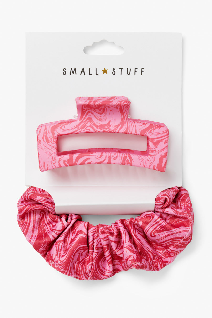 Small Stuff Accessories - Pink marble effect bulldog clip and scrunchie set