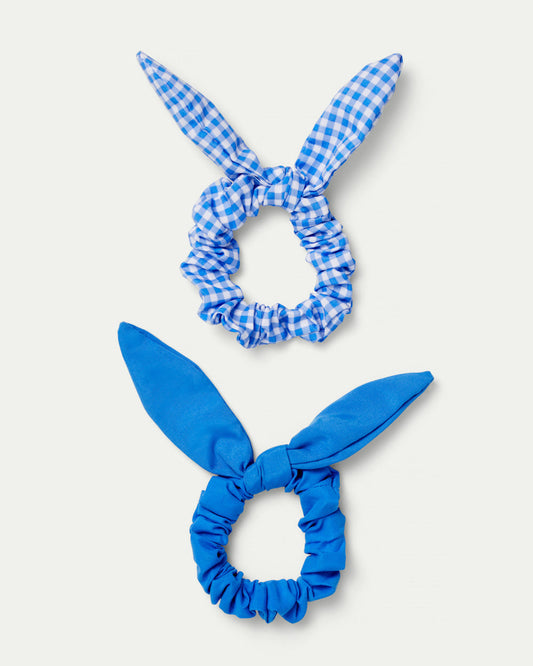 Blue gingham bow and plain bow scrunchie set