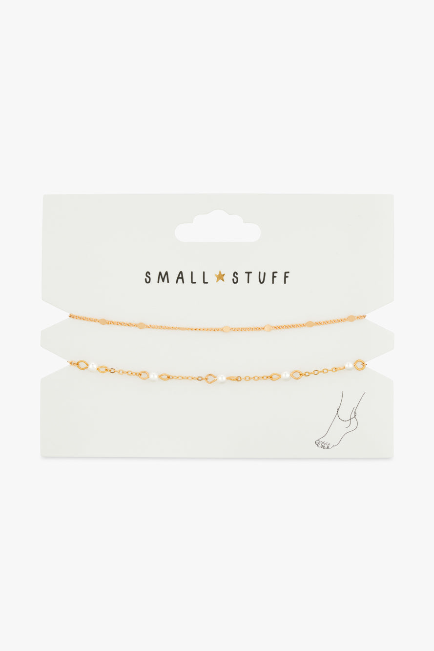 Small Stuff Accessories - Double gold and pearl inset chain anklet set 