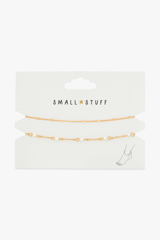 Small Stuff Accessories - Double gold and pearl inset chain anklet set 