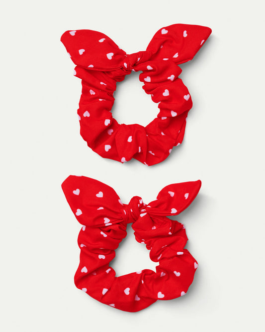 Red heart print bow scrunchie set
