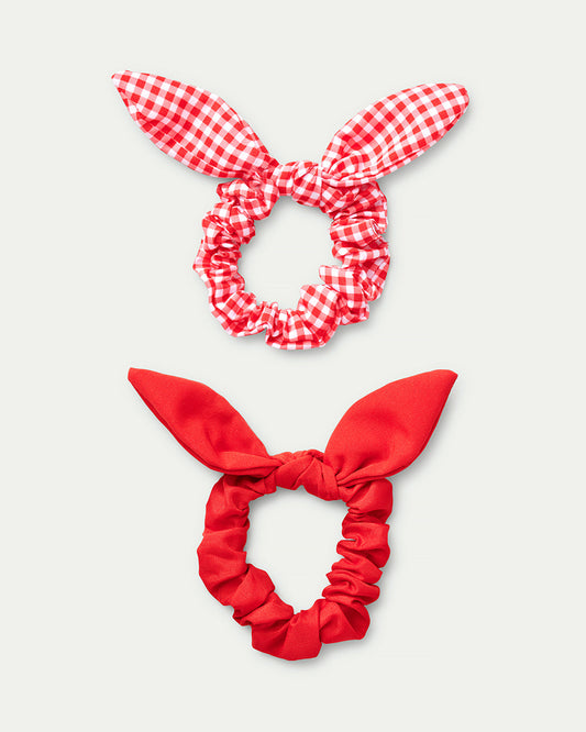 Red gingham bow and plain bow scrunchie set