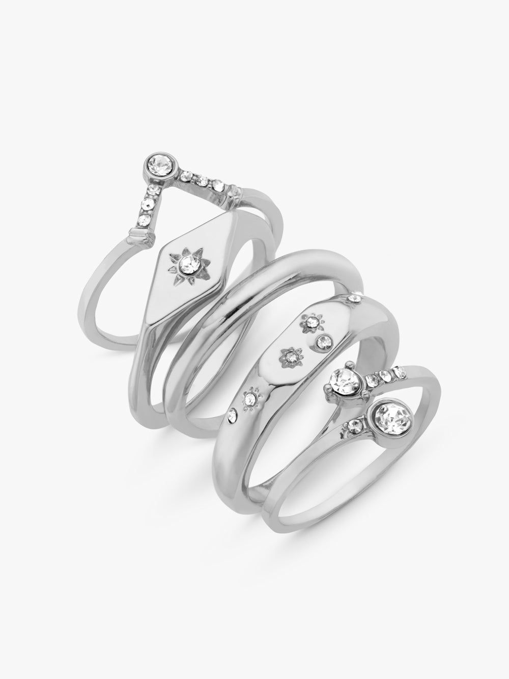 Pack of 5 pretty diamante detail rings in silver finish